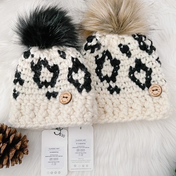 6-12 Months, Ivory/Cream, Crochet Leopard Hat, Faux Fur pompom, Toque, Wi… - Picture 3 of 6